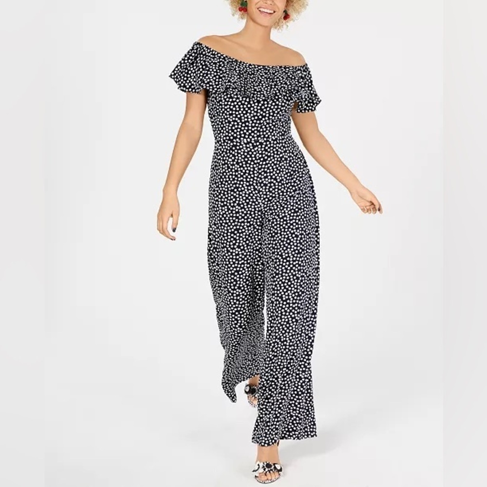 Betsey Johnson Navy/White polka Dot off shoulder ruffle jumpsuit size 6